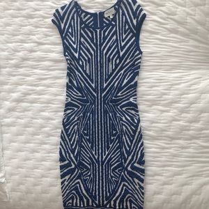 Milly blue & white geometric bodycon knit dress